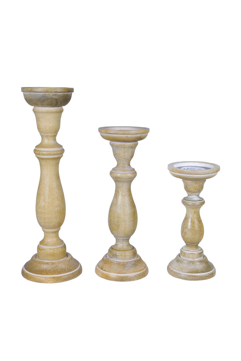 Tuli Mango Wood Candleholders - Set of 3, Main, color, Soft Whitewash