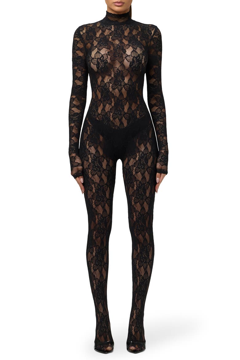 Lace Turtleneck Jumpsuit, Main, color, BLACK