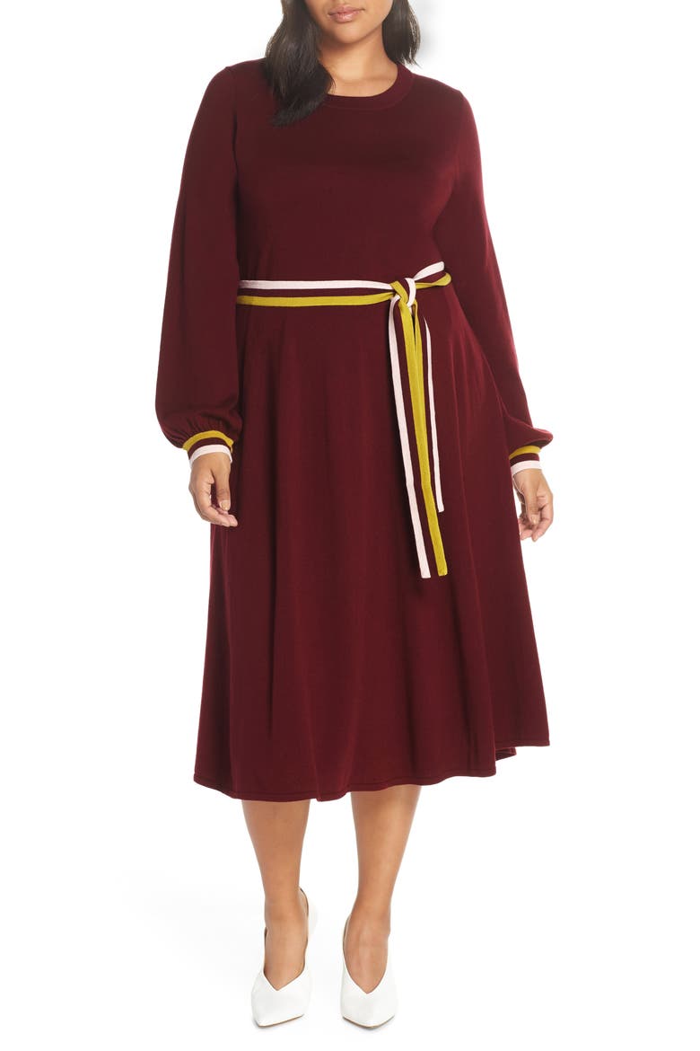 Eden Belted Cotton & Wool Sweater Dress, Alternate, color, MULLED WINE