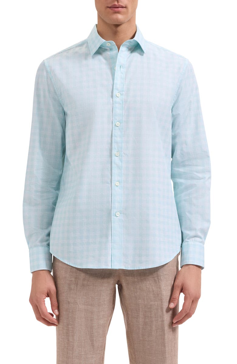 Bugatchi Julian Shaped Fit Check Cotton Button-Up Shirt, Main, color, Sea Spray