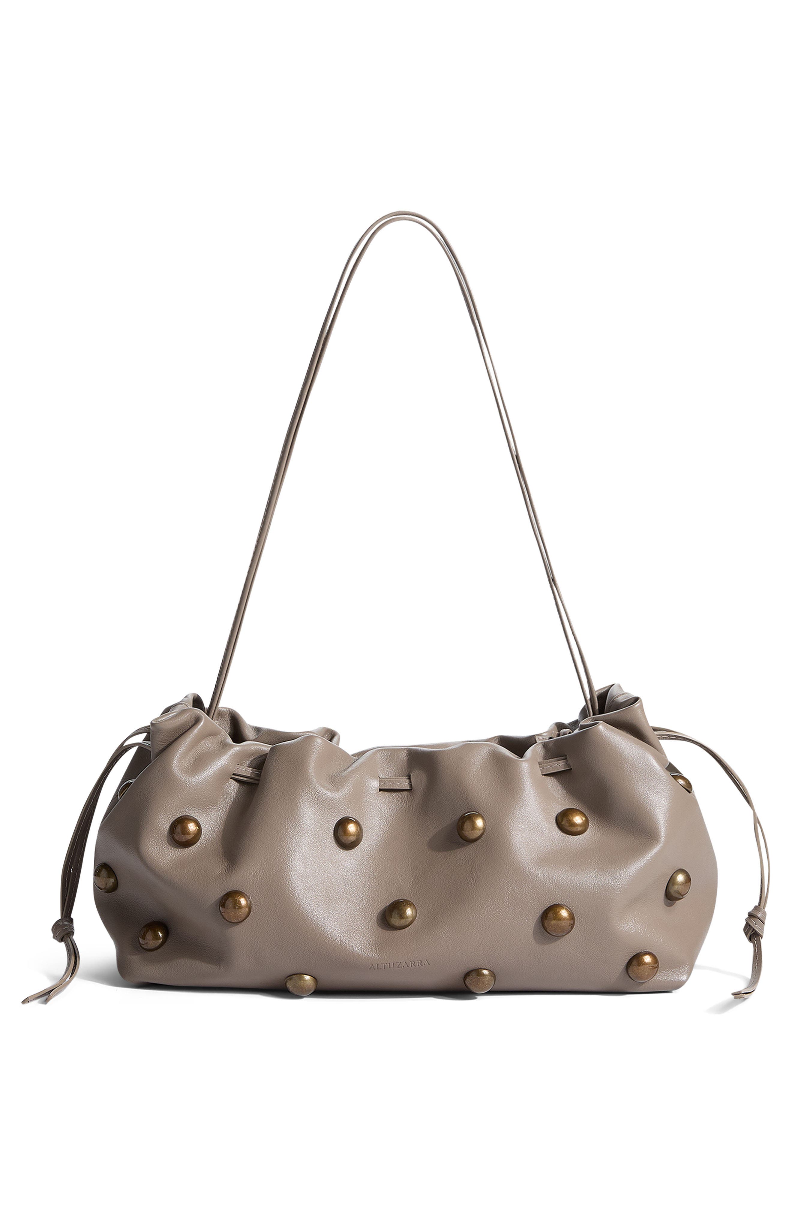 Altuzarra Drawstring Studded Leather Clutch, Main, color, Earth/ Gold