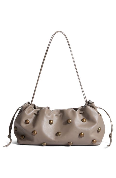 Drawstring Studded Leather Clutch