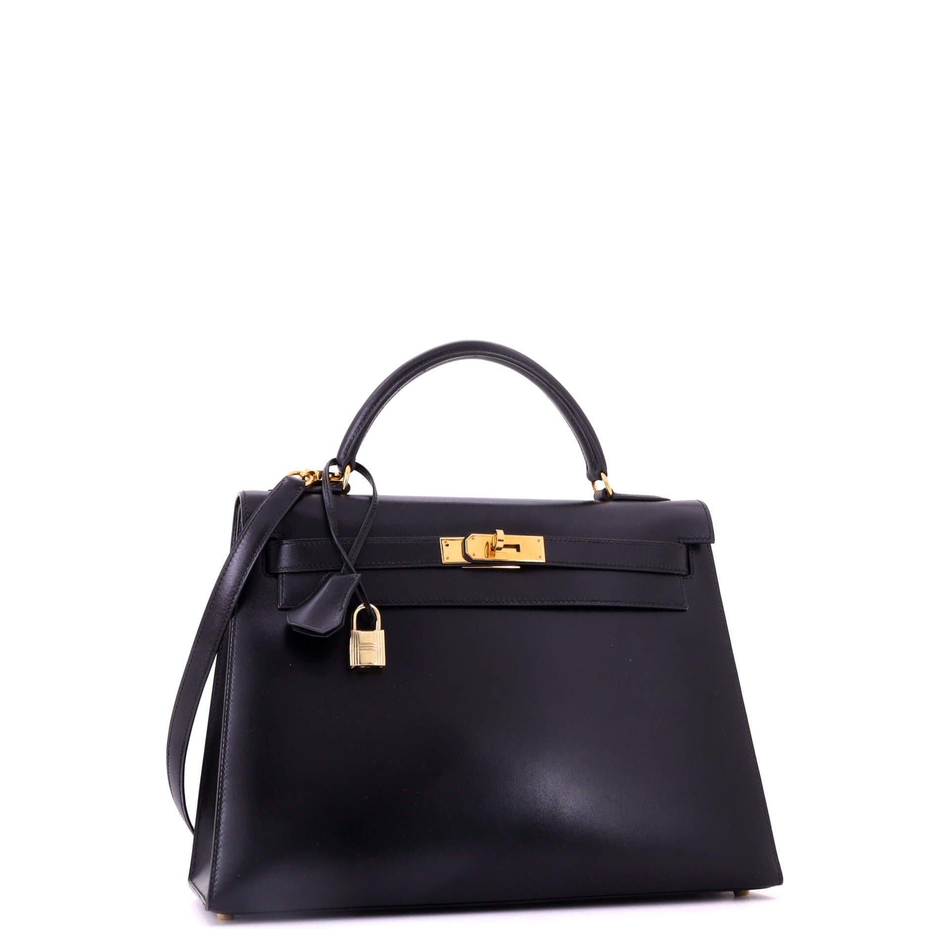 Pre-Owned Hermes Kelly Handbag Black Box Calf with Gold Hardware 32, Alternate, color, Noir