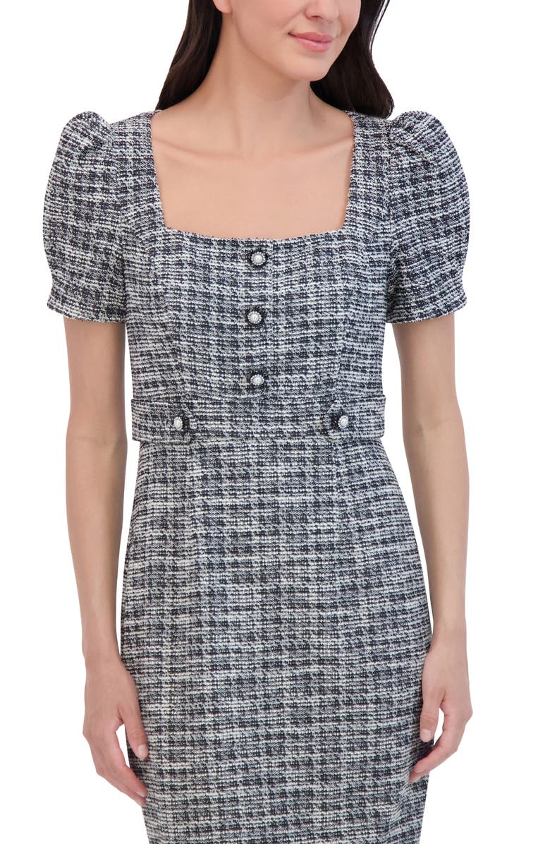 Eliza J Puff Sleeve Tweed Sheath Dress, Alternate, color, Black Ivory
