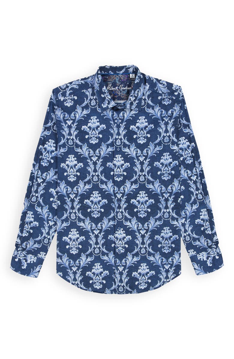 Robert Graham Neville Blue Damask Print Stretch Cotton Button-Up Shirt, Alternate, color, Navy