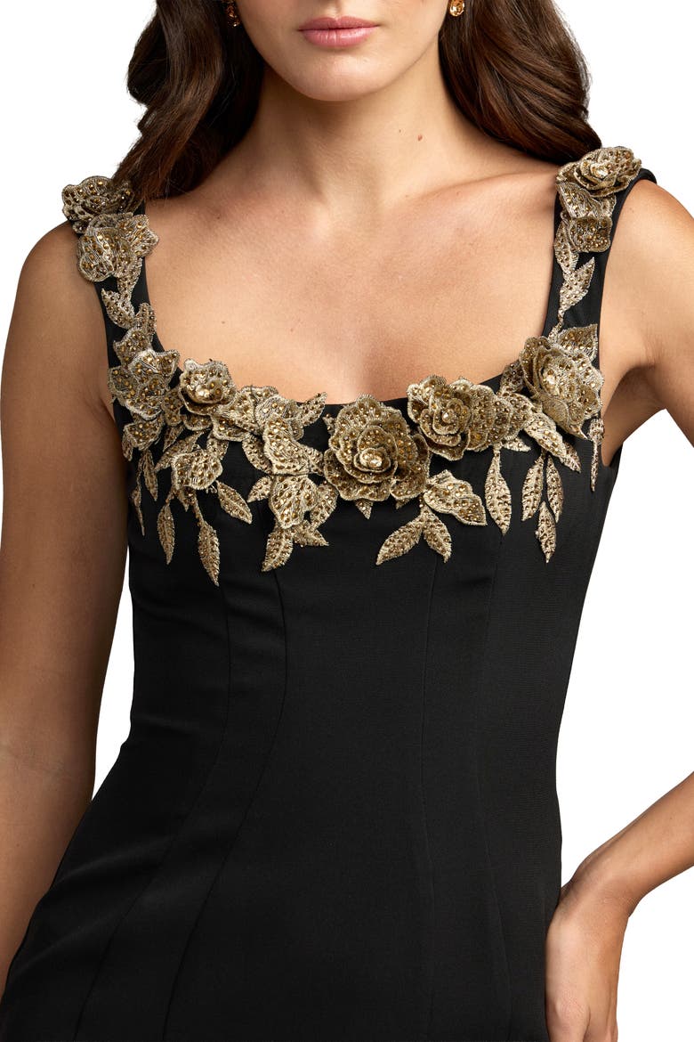 Sleeveless Crepe Mermaid Midi Dress With Flowers, Alternate, color, Black