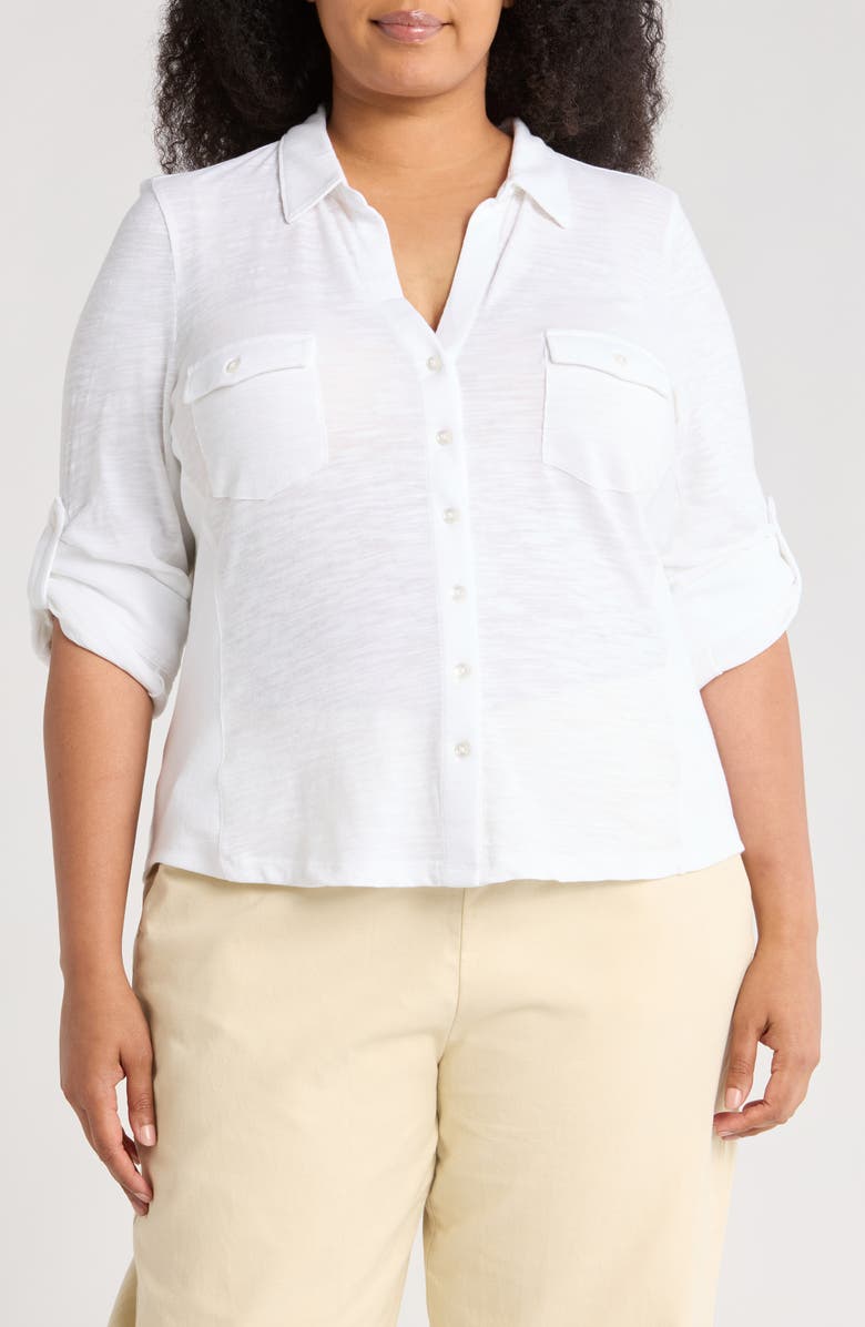 Caslon<sup>®</sup> Roll Sleeve Knit Button-Up Shirt, Main, color, White