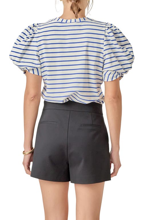 English Factory Stripe Puff Sleeve Stretch Cotton Top In White