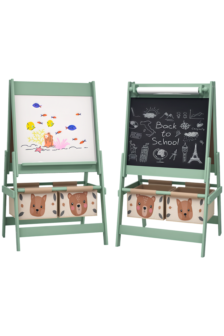 Kids 3-in-1 Art Easel with Paper Roll, Blackboard, Whiteboard, Storage Baskets​, Main, color, Green