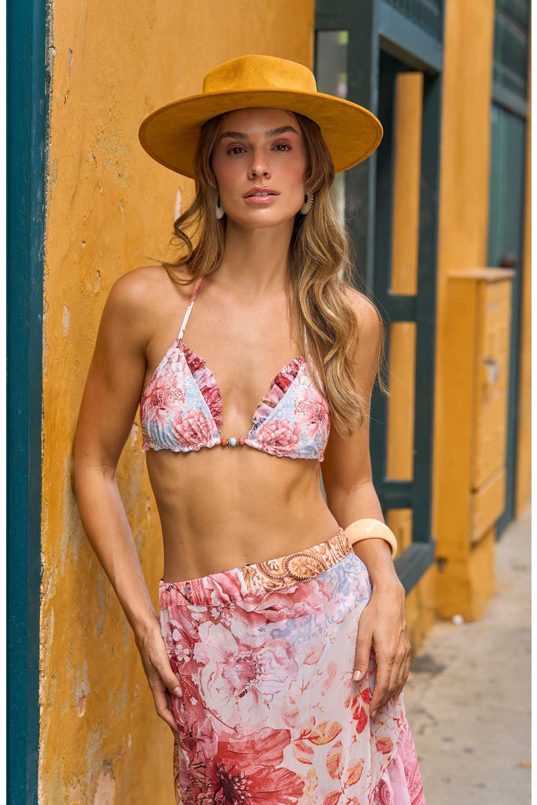 Ruffle Triangle Bikini Top, Alternate, color, WHITE MULTI