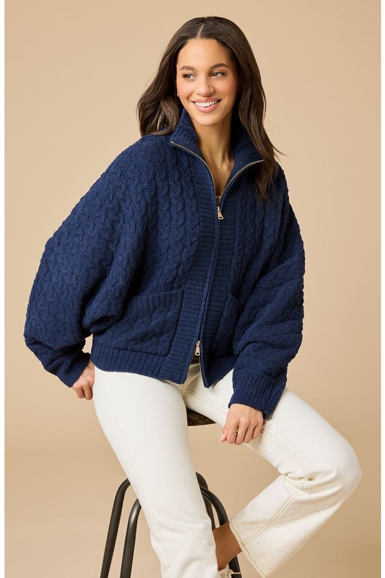 Cable Knit Marshmallow Funnel Neck Double Zip Jacket, Alternate, color, Midnight
