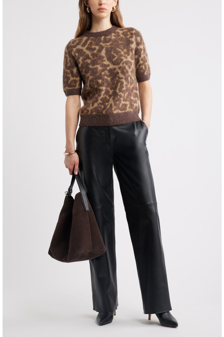 Jacquard Short Sleeve Sweater, Alternate, color, BROWN- TAN ALLEY LEOPARD