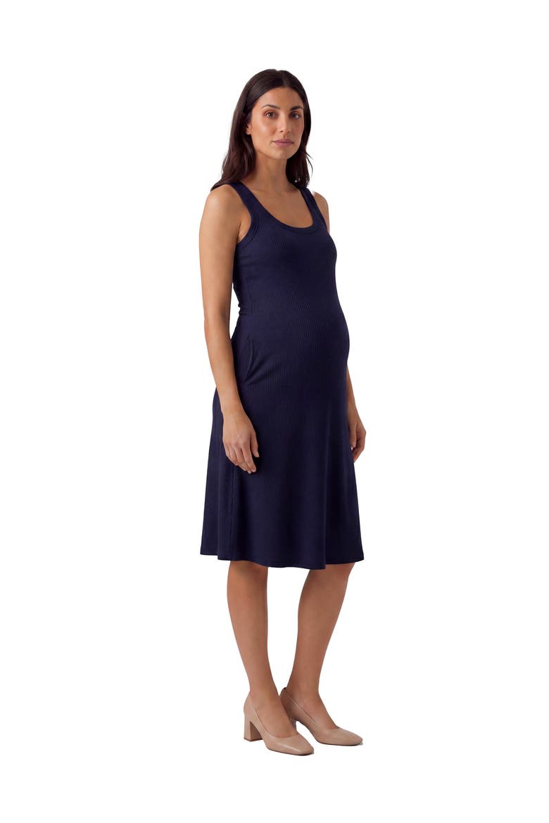 Maternity Essential Ribbed Knit Sleeveless Scoop Neck Pocket A-Line Midi Dress, Alternate, color, Navy