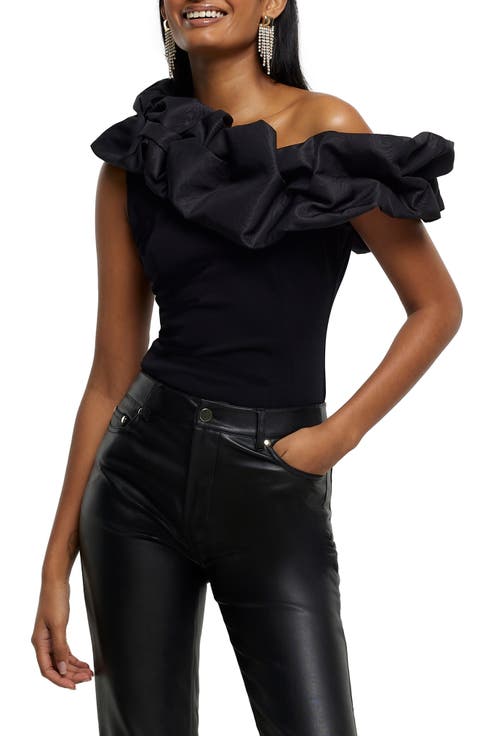 Taffeta Ruffle One-Shoulder Top