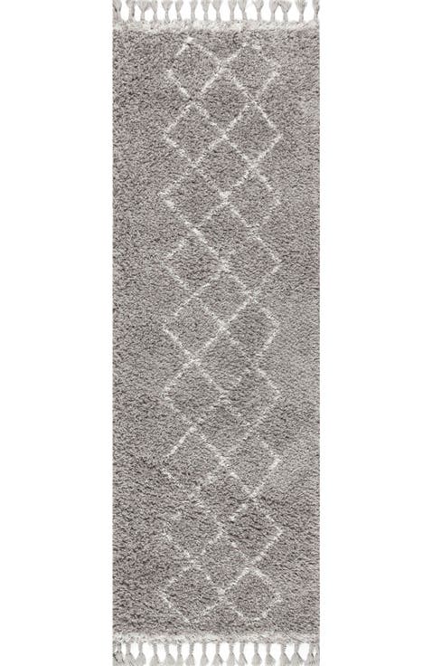 Mercer Shag Plush Tassel Moroccan  Geometric Trellis Denim Area Rug