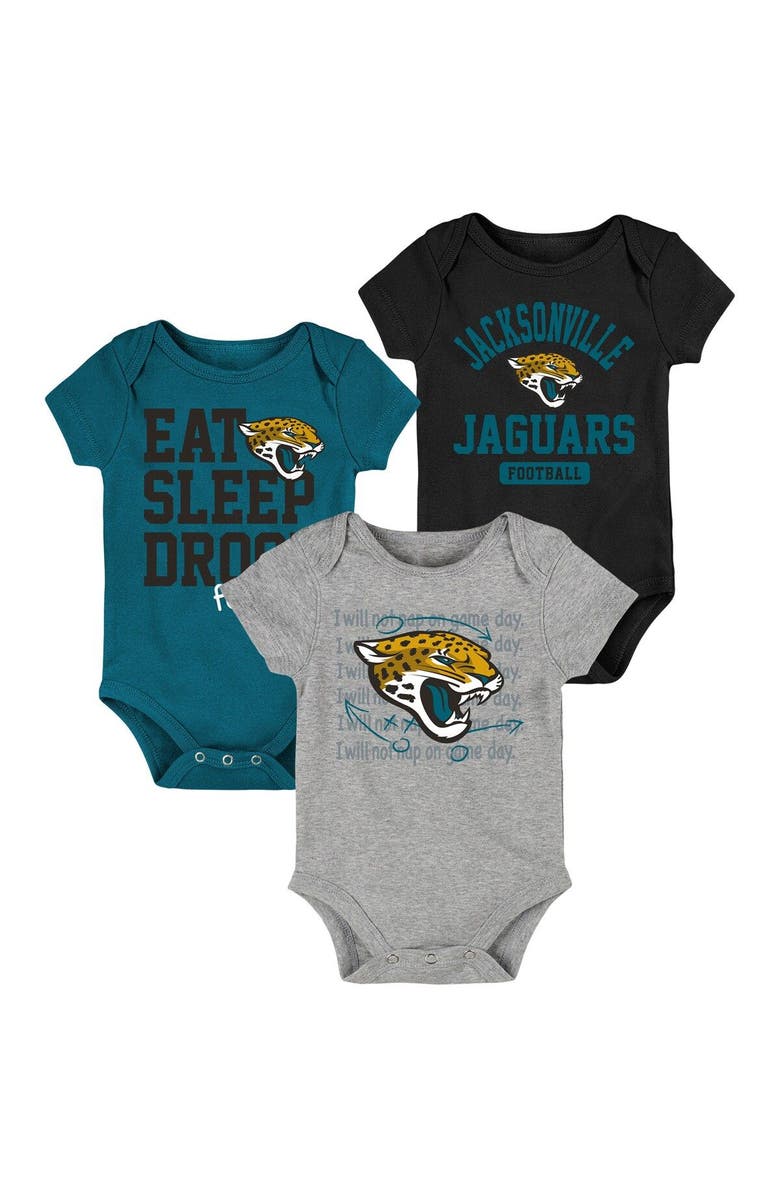 Outerstuff Newborn & Infant Black/Teal Jacksonville Jaguars Eat Sleep Drool Football Three-Piece Bodysuit Set, Main, color, 
