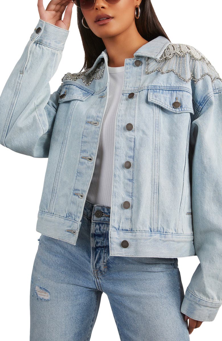 VICI Collection Delanie Imitation Pearl & Rhinestone Detail Denim Trucker Jacket, Main, color, 