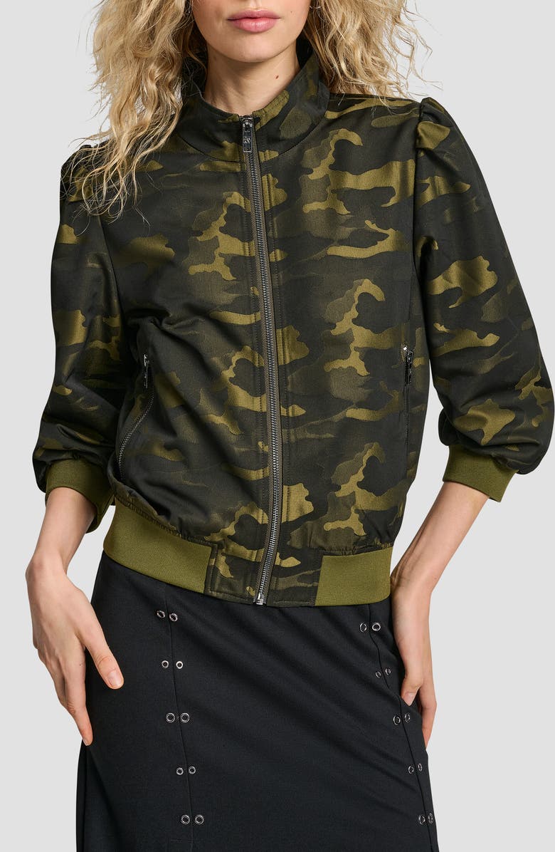 DKNY Camo Jacquard Bomber Jacket, Main, color, Dark Olive
