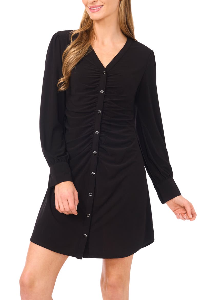 Shirred Front Button Long Sleeve Dress, Alternate, color, RICH BLACK