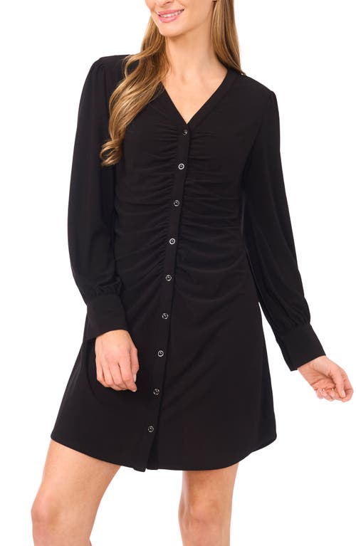 Cece Shirred Front Button Long Sleeve Dress In Black