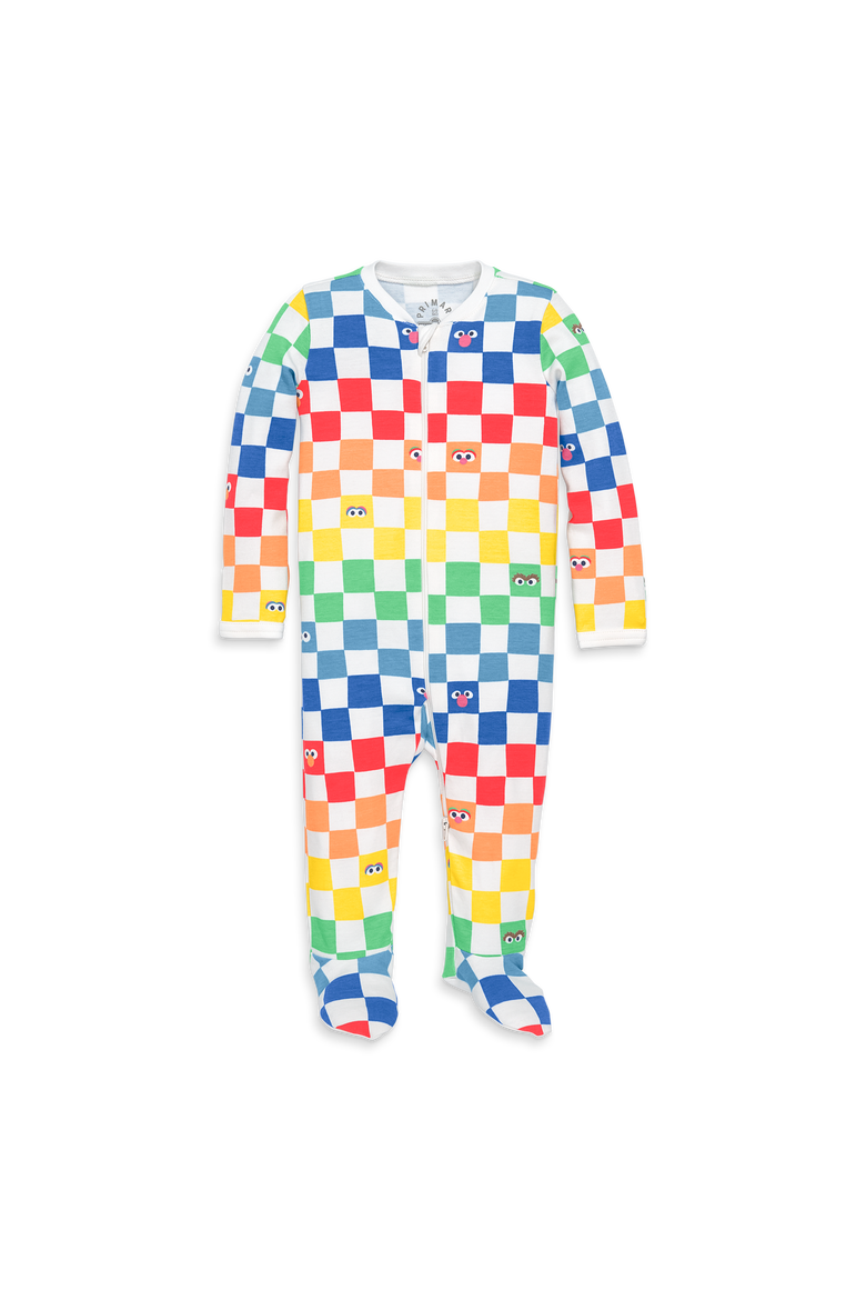 Baby Organic Sesame Street Friends Zip Footie, Main, color, Ivory Rainbow Friends Checks