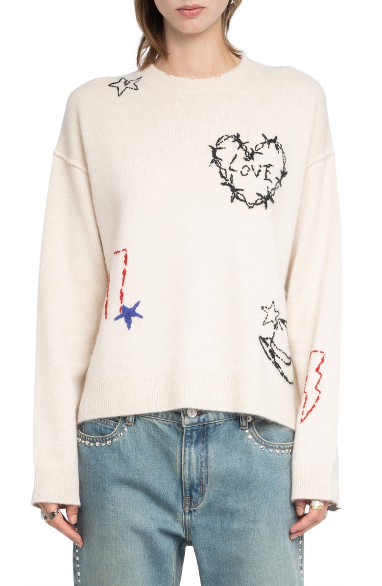 Zadig & Voltaire Markus Heart Cashmere Sweater, Main, color, Ecru