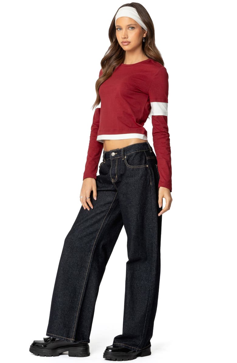 EDIKTED Paula Layered Look Long Sleeve Cotton T-Shirt, Alternate, color, Burgundy