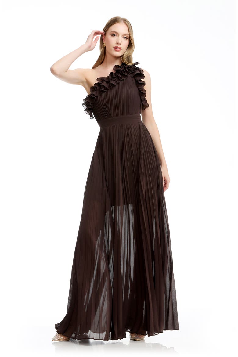 Vida One-Shoulder Pleated Chiffon Gown, Alternate, color, MOCHA