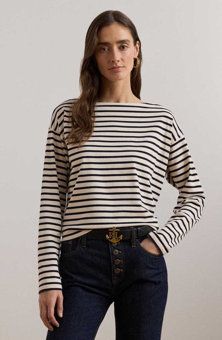 Lauren Ralph Lauren Stripe Cotton Boat Neck Top, Alternate, color, 