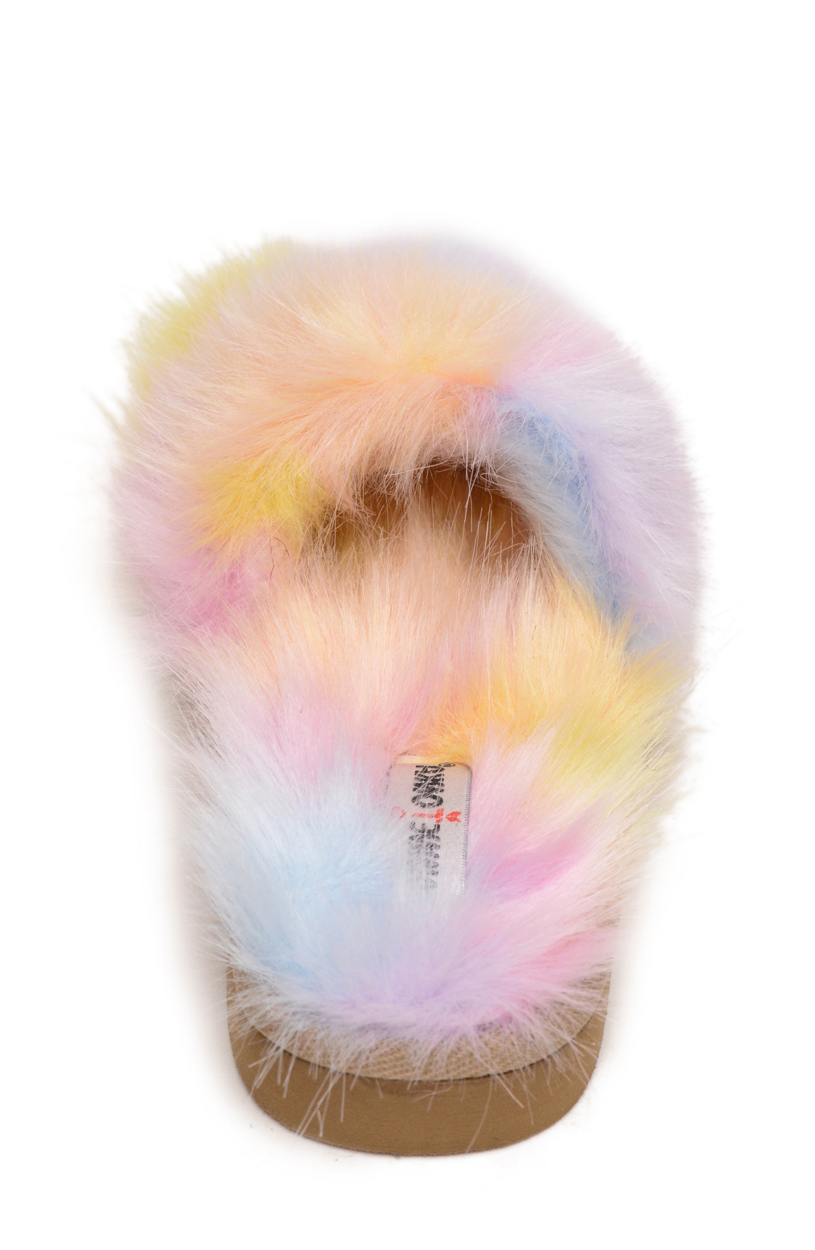 Minnetonka Lyla Faux Fur Slide Slipper, Alternate, color, Pink Unicorn
