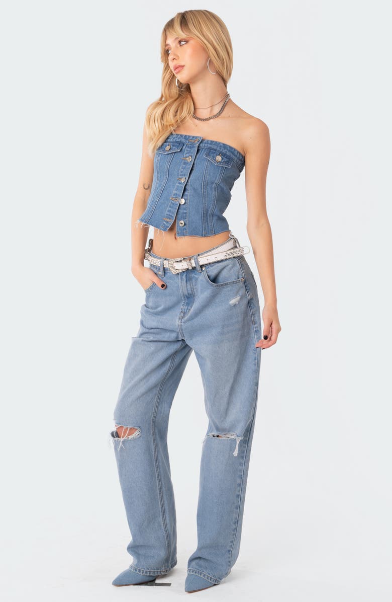 EDIKTED River Strapless Denim Crop Top, Alternate, color, 