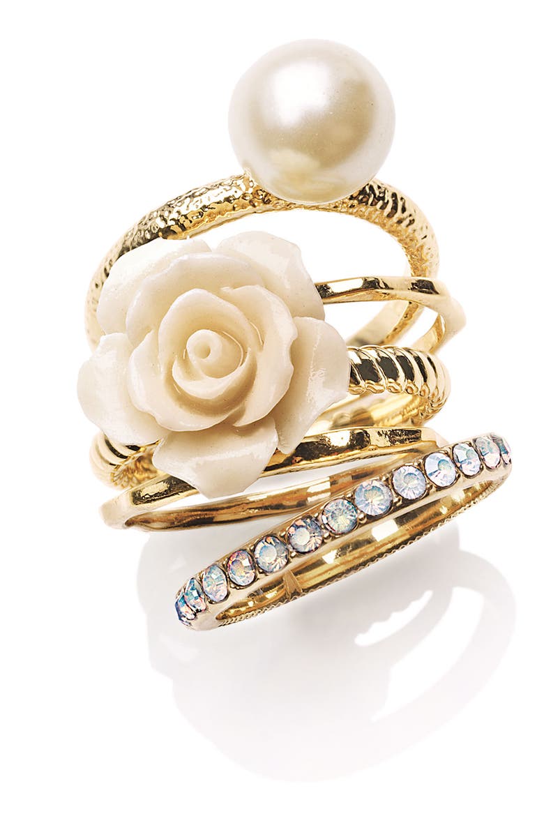 Flower & Faux Pearl Stack Rings (Nordstrom Exclusive), Main, color, IVORY MULTI