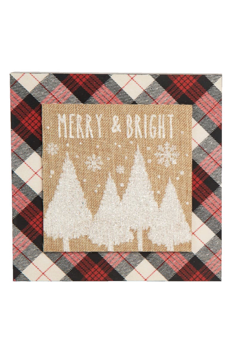 Transpac Wood Multicolored Christmas Plaid Snowy Block Decor, Main, color, Multicolored