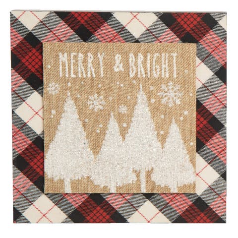 Wood Multicolored Christmas Plaid Snowy Block Decor