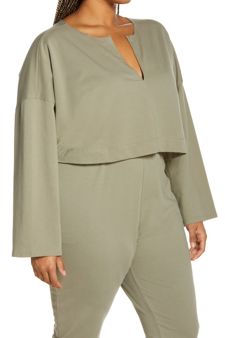 Split Neck Stretch Cotton Crop Sweatshirt, Alternate, color, GREEN VETIVER