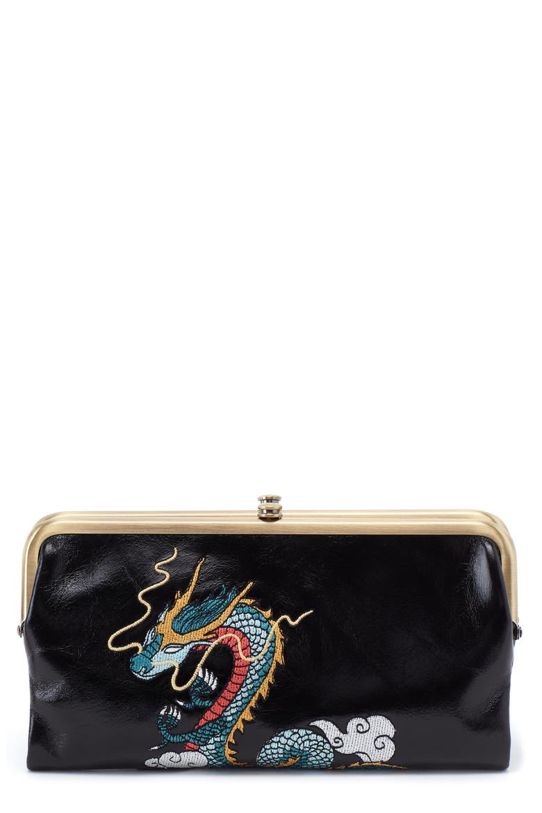 Leather Double Frame Clutch, Main, color, BLACK