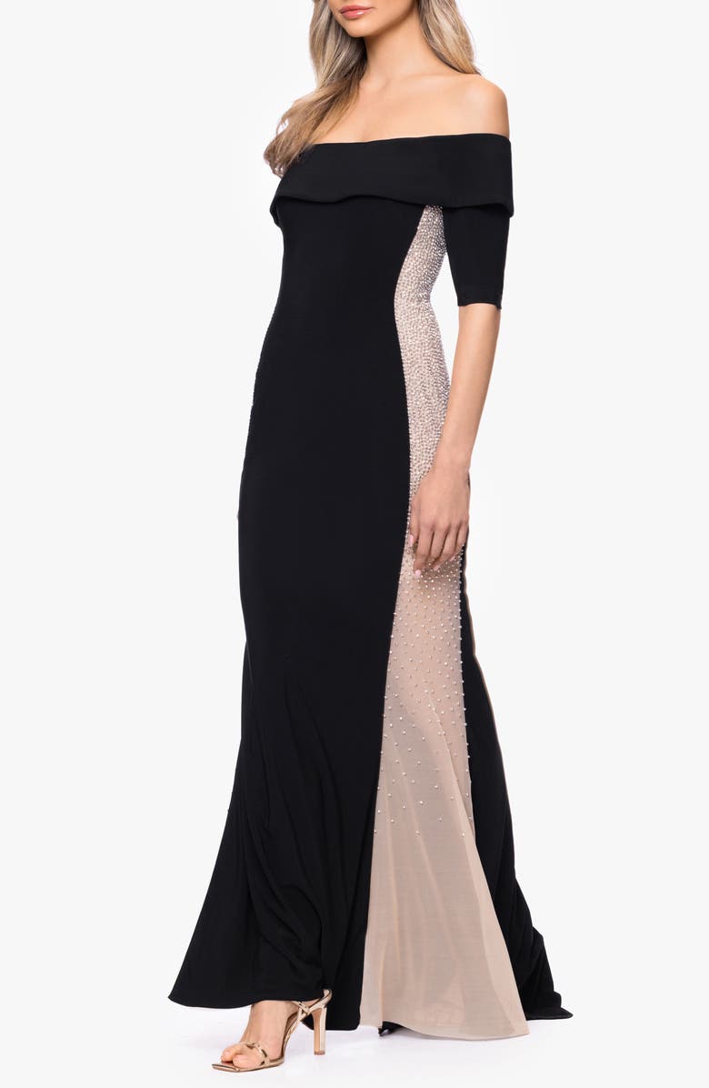 Xscape Evenings Beaded Mesh Inset Mermaid Gown, Alternate, color, Black/ Beige/ Silver
