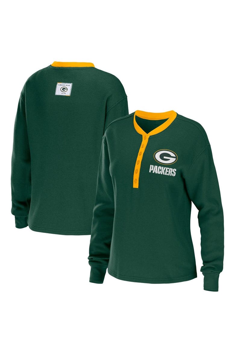 Women's WEAR by Erin Andrews Green Green Bay Packers Waffle Henley Long Sleeve T-Shirt, Main, color, Green