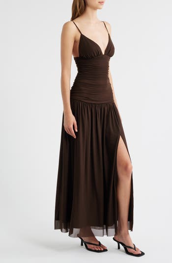 Ruched Drop Waist Sleeveless Gown