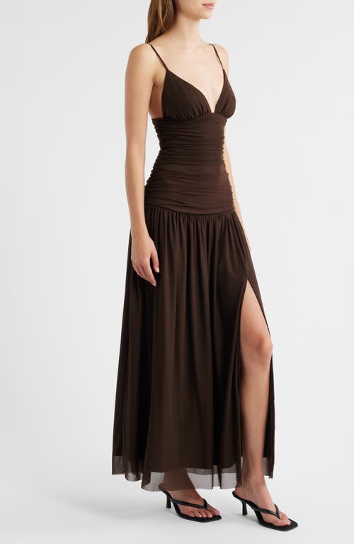 Rare London Ruched Drop Waist Sleeveless Gown In Brown