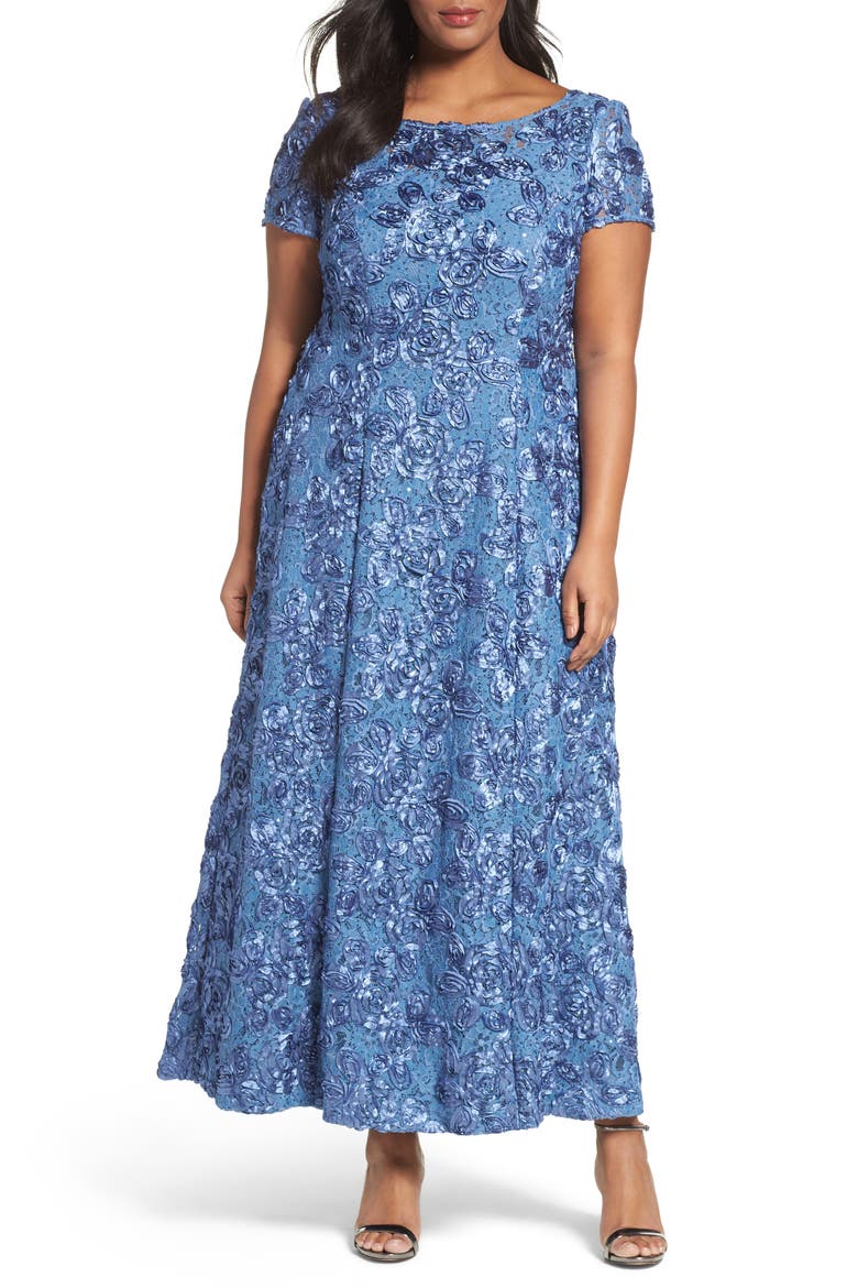 Rosette Lace Short Sleeve A-Line Gown, Main, color, BRUSHED PERIWINKLE