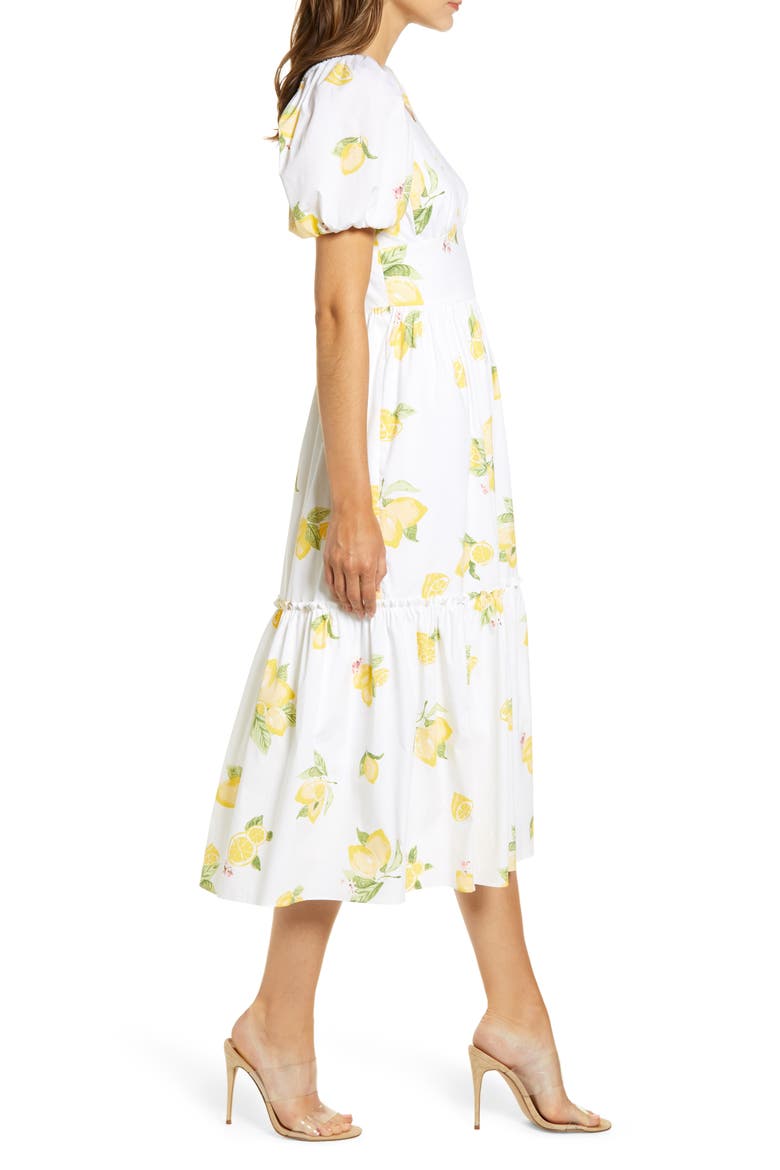 Puff Sleeve Midi Dress, Alternate, color, YELLOW MAIZE LEMON PRINT