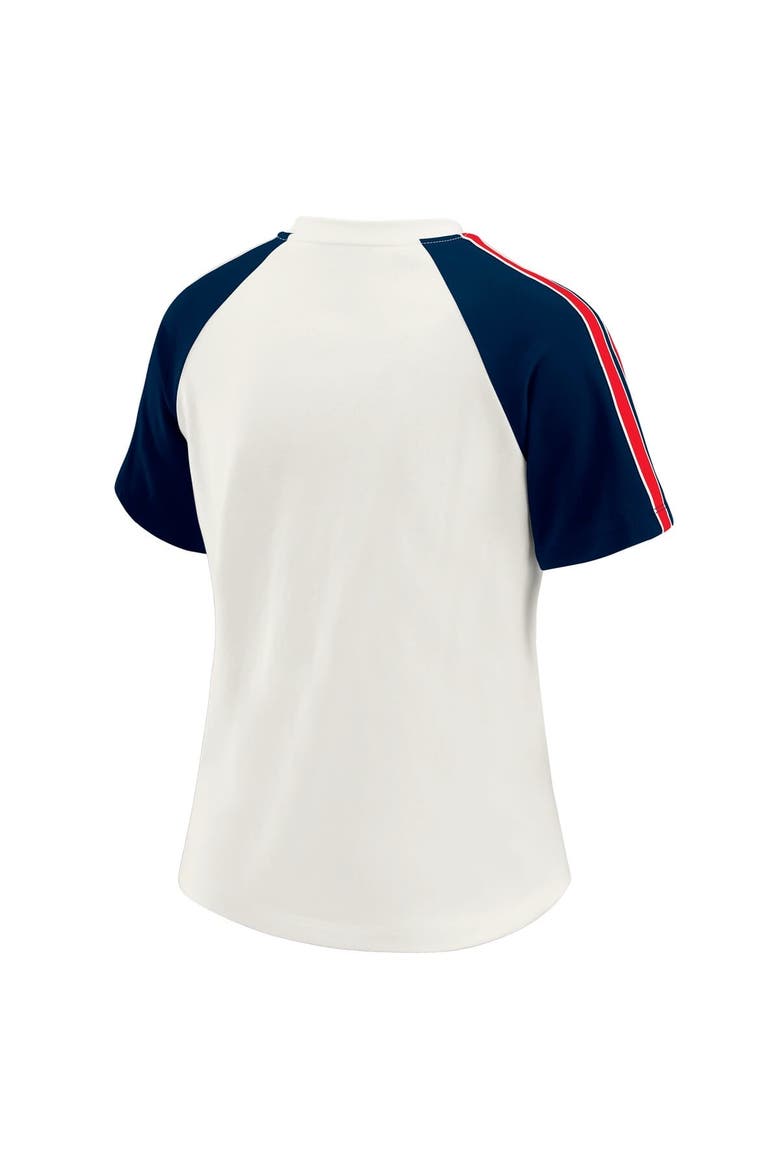 Women's WEAR by Erin Andrews White New England Patriots Sleeve Stripe Distressed Raglan T-Shirt, Alternate, color, White