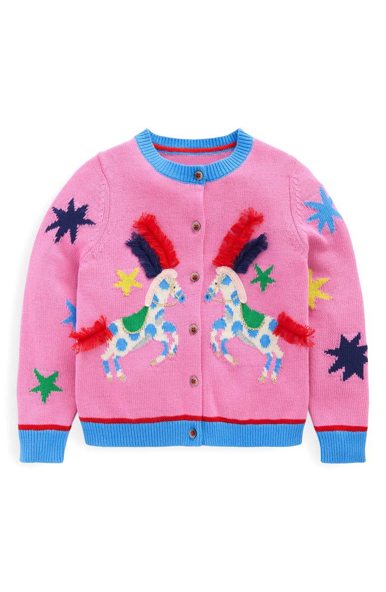 Mini Boden Kids' Appliqué Horse Intarsia Cotton Cardigan, Main, color, 
