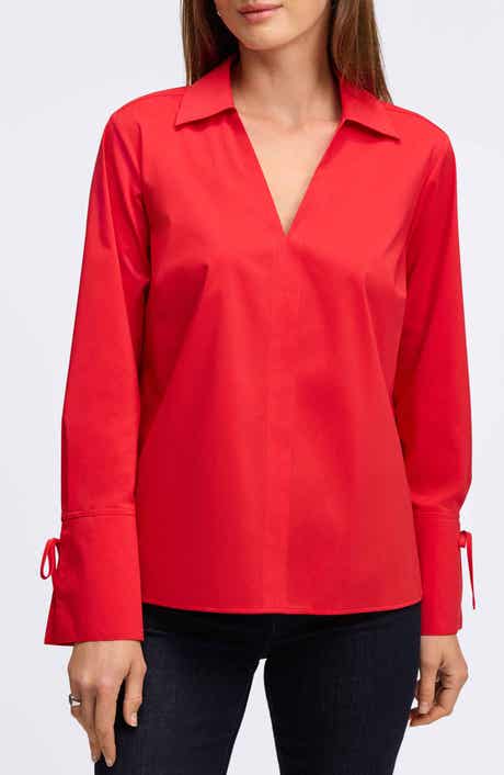 Foxcroft Carla Tie Cuff Cotton Blend Popover Top