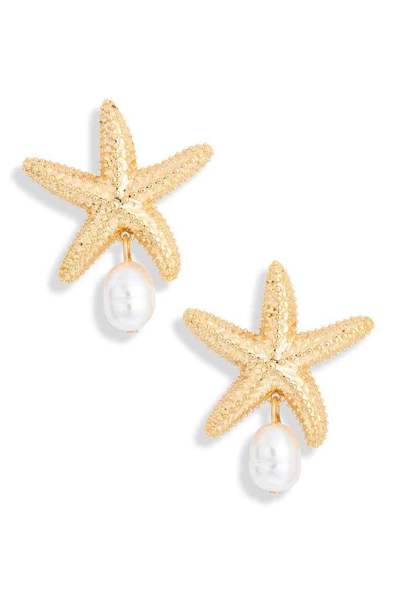 O-Fish-Ally a Star Faux Pearl Drop Statement Earrings, Alternate, color, GOLD