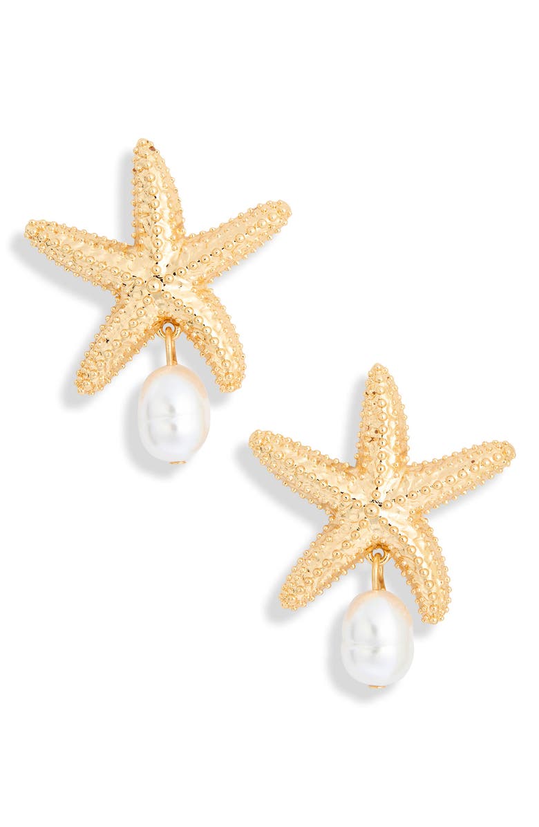 BaubleBar O-Fish-Ally a Star Faux Pearl Drop Statement Earrings, Alternate, color, Gold