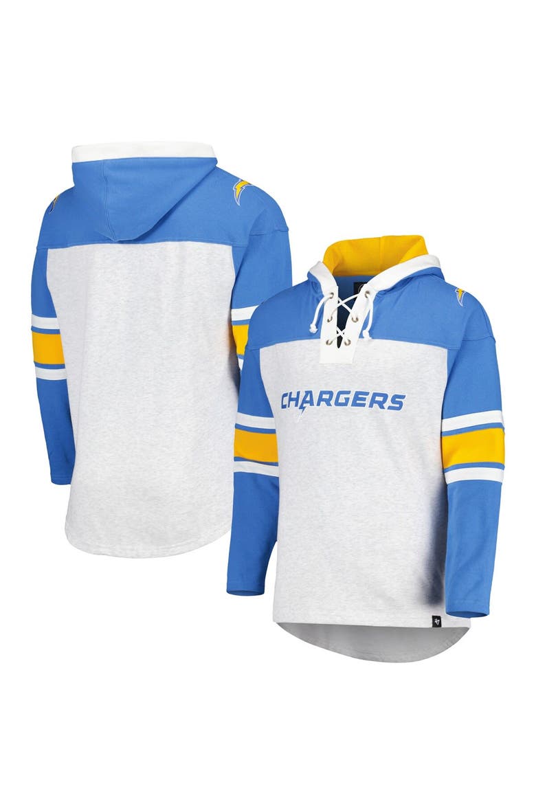 Men's '47 Los Angeles Chargers Heather Gray Gridiron Lace-Up Pullover Hoodie, Main, color, Gray
