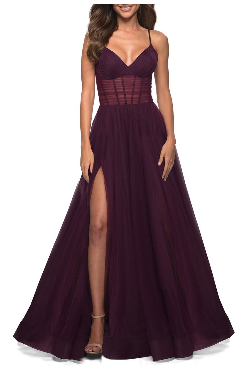La Femme Tulle A-line Prom Dress with Corset Sheer Bodice, Main, color, Dark Berry