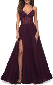 La Femme Tulle A-line Prom Dress with Corset Sheer Bodice